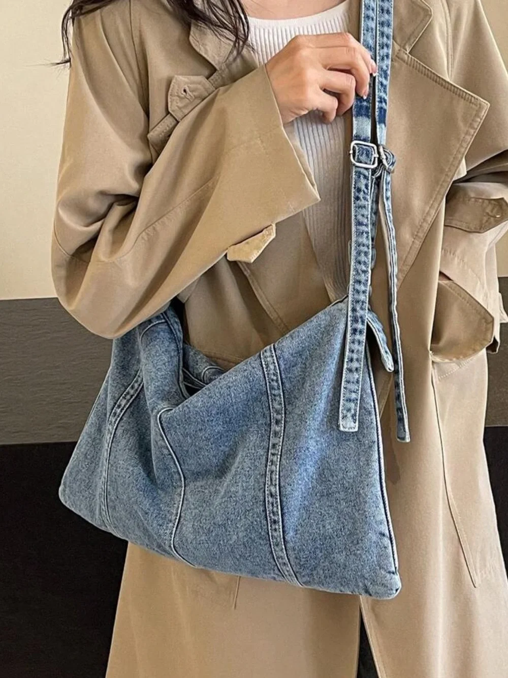 Denim Shoulder Hobo Bag - Blue - Picture 3 of 6